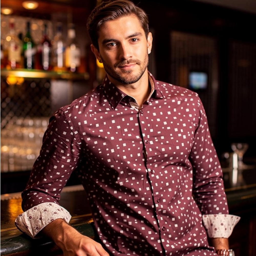 Suslo Couture Men’s Medium Slim Fit Button Down Shirt Burgundy Square Print